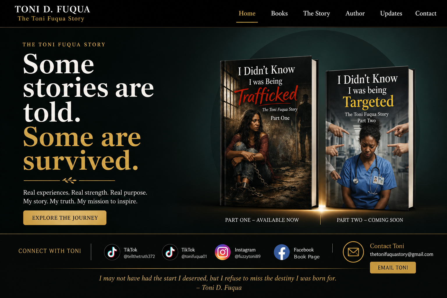 The Toni Fuqua Story inspirational homepage featuring Part One and Part Two